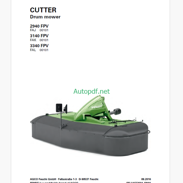 Fendt 2940 FPV, 3140 FPV, 3340 FPV Cutter Drum Mower Operator's Manual