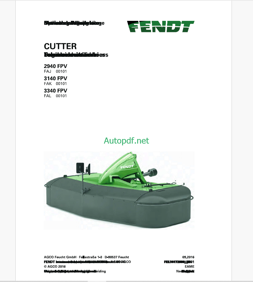 Fendt 2940 FPV, 3140 FPV, 3340 FPV Cutter Operator's Manual (FEL1417260401)