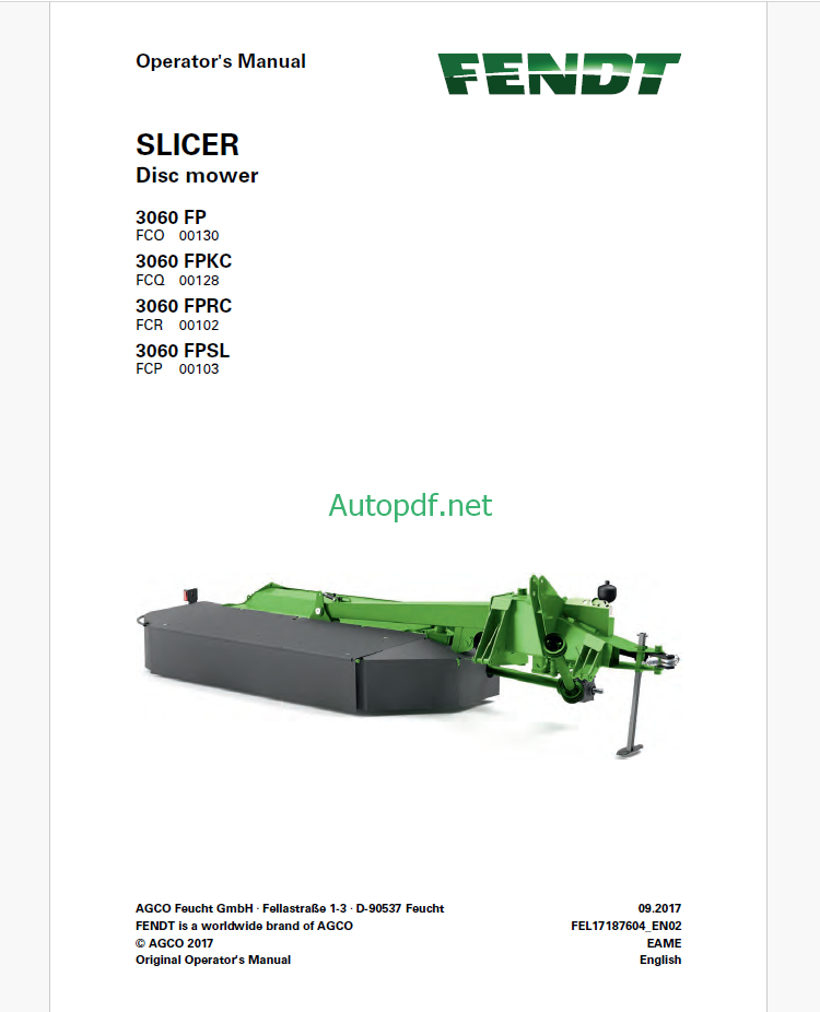 Fendt 3060 FP, 3060 FPKC, 3060 FPRC, 3060 FPSL Slicer Disc Mower Operator's Manual