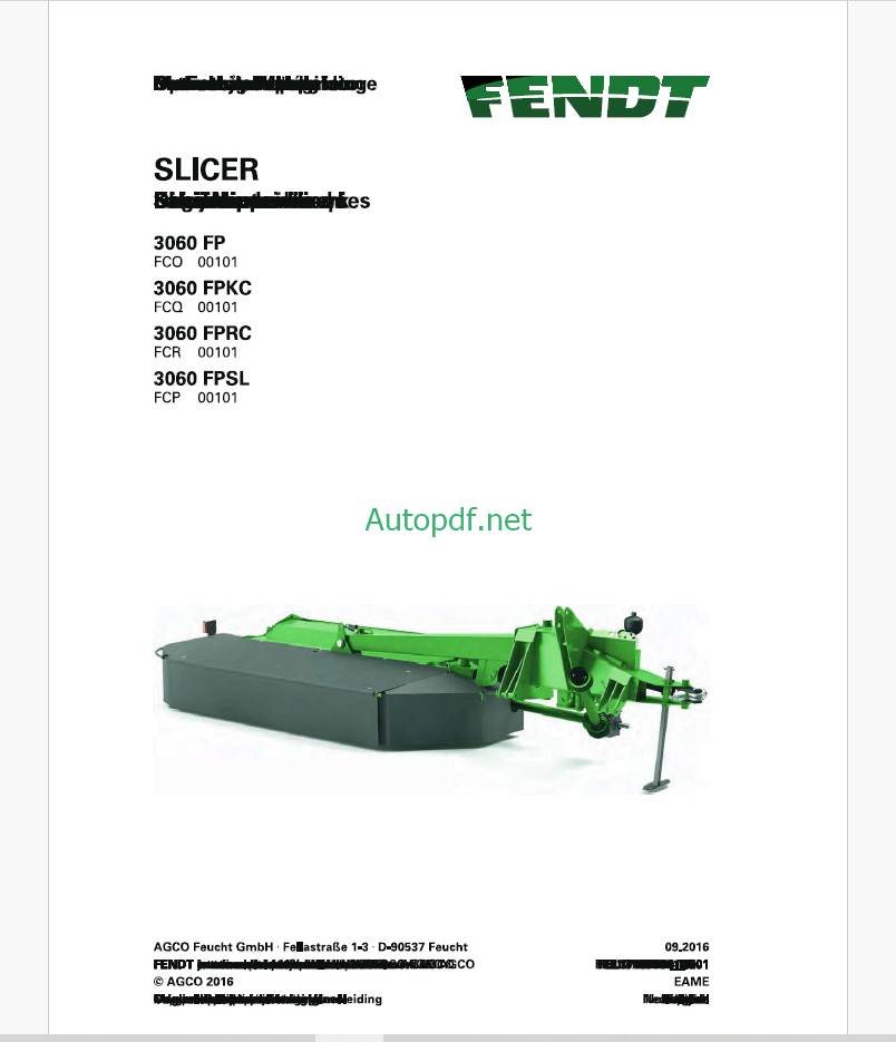 Fendt 3060 FP, 3060 FPKC, 3060 FPRC, 3060F FPSL Slicer Operator's Manual (FEL1718760401)