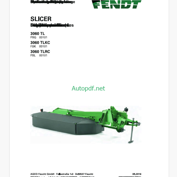 Fendt 3060 TL, 3060 TLKC, 3060 TLRC Slicer Operator's Manual (FEL1376950401)
