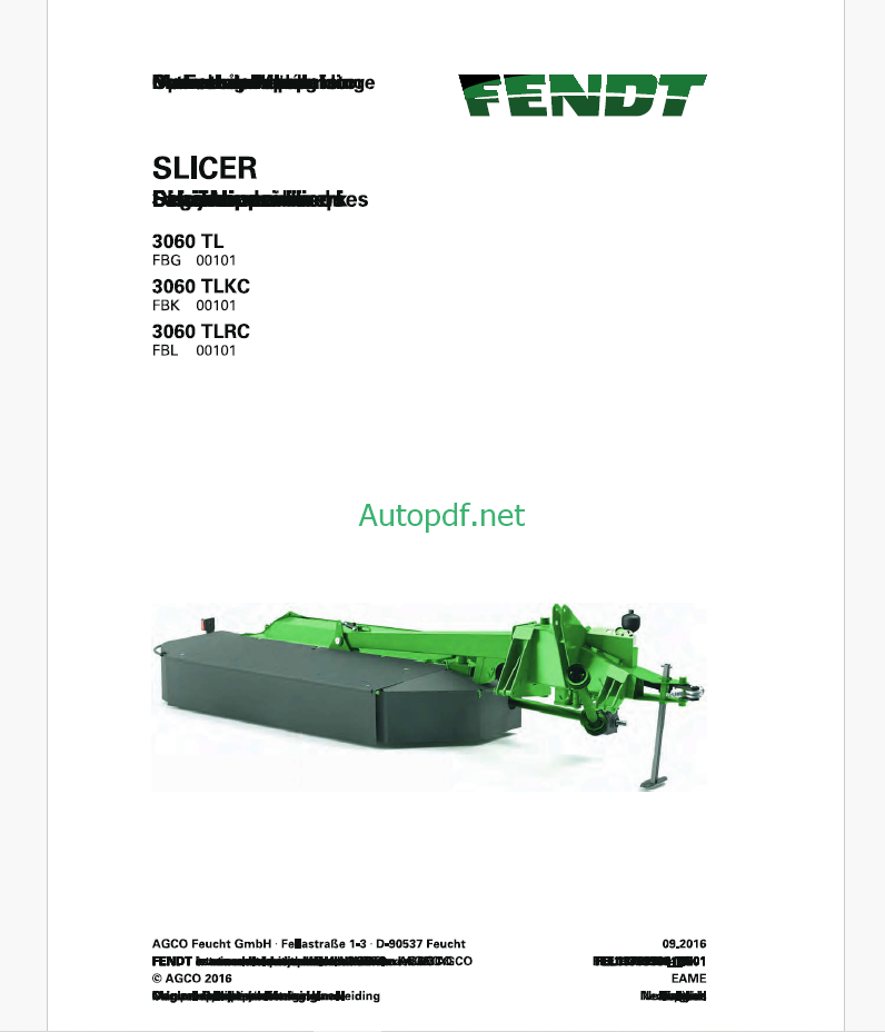 Fendt 3060 TL, 3060 TLKC, 3060 TLRC Slicer Operator's Manual (FEL1376950401)