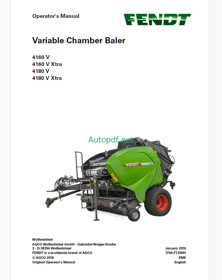 Fendt 4160V, 4160V Extra, 4180V, 4180V Extra Variable Chamber Baler Operator's Manual