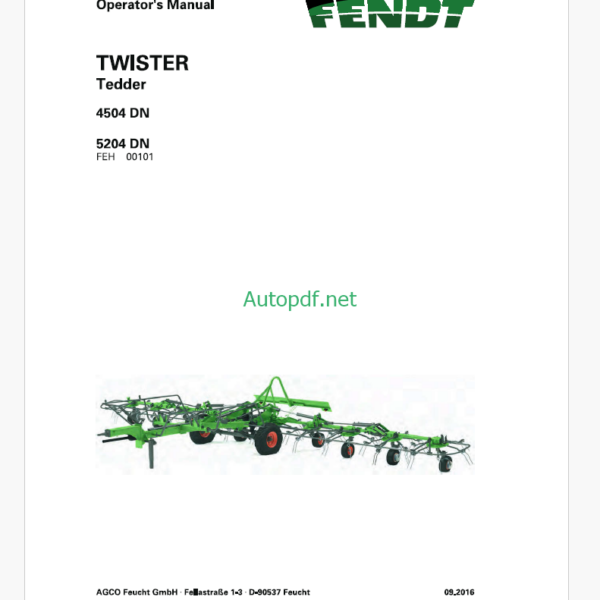 Fendt 4504 DN, 5204 DN Twister Tedder Operator's Manual (FEL1535900401)