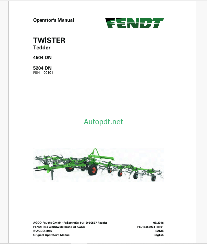 Fendt 4504 DN, 5204 DN Twister Tedder Operator's Manual (FEL1535900401)