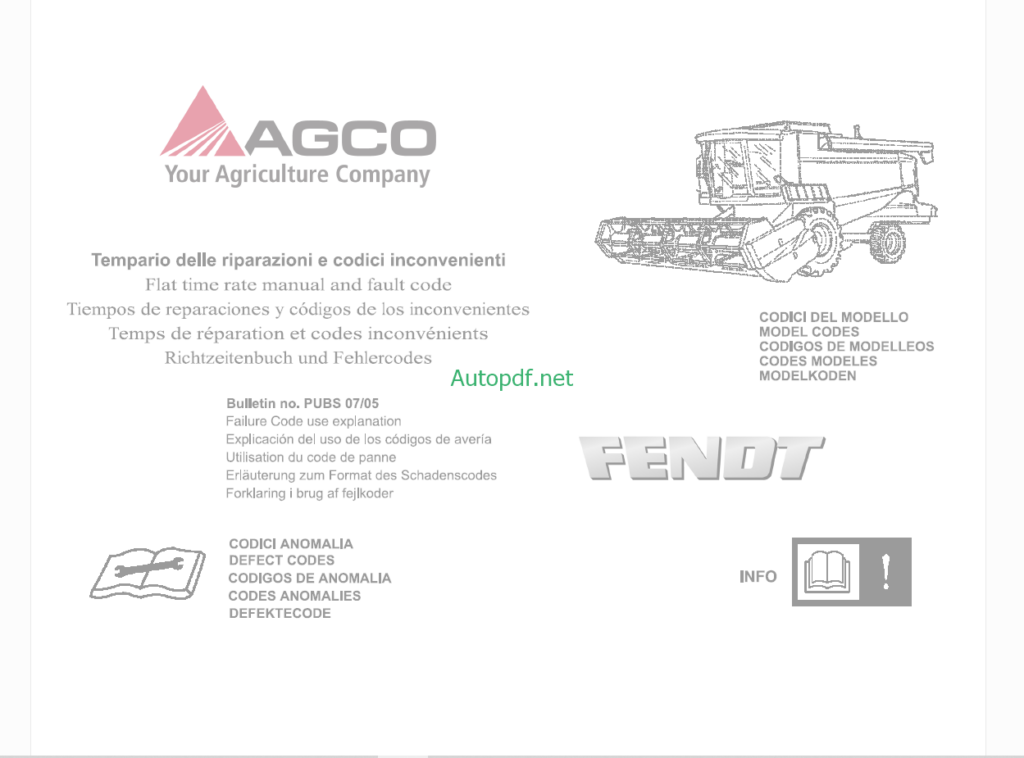 Fendt 5180E to 6335 C Combine Flat time rate Manual and Fault Code, Defect Codes