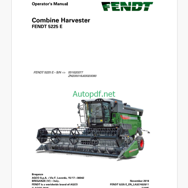 Fendt 5225 E Combine Harvester Operator's Manual (551620077)