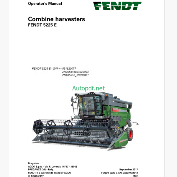 Fendt 5225 E Combine Harvester Operator's Manual (LA327432010)