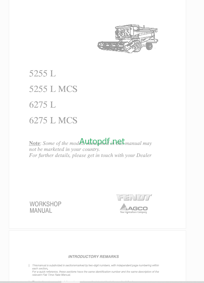 Fendt 5255L, 5255L MCS, 6275L, 6275L MCS Harvesting Workshop Manual