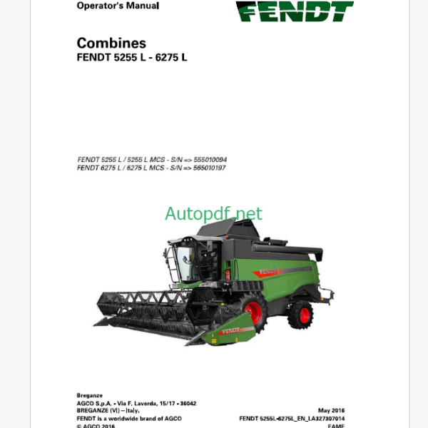 Fendt 5255L, 6275L Combines Harvesting Operator's Manual (555010094, 56501097)