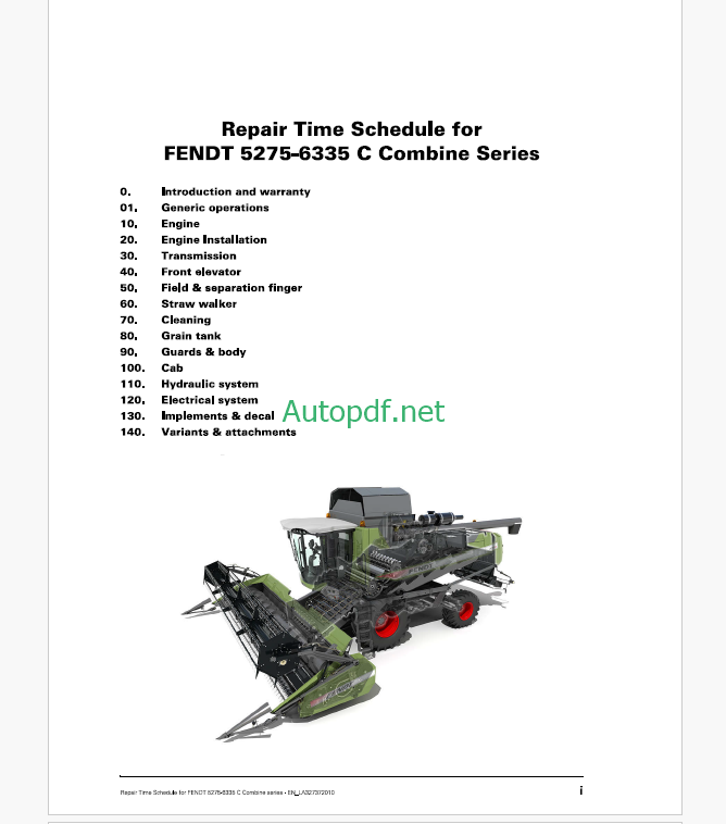 Fendt 5275 - 6335C Combine Series Harvesting Repair Time Schedule (LA327370010)