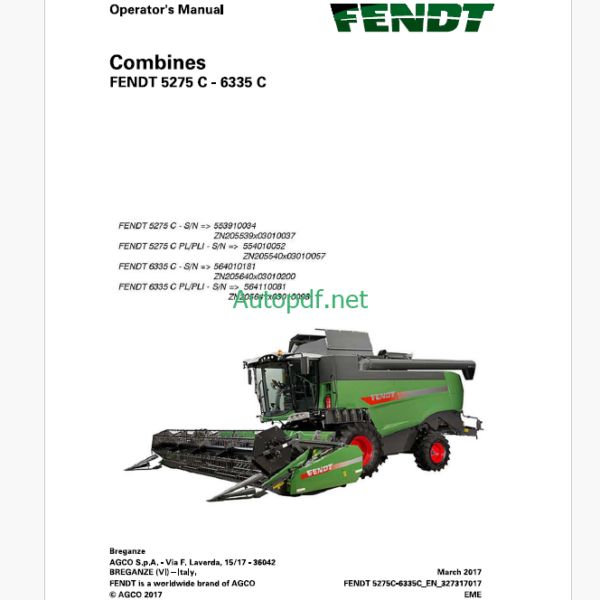 Fendt 5275C - 6335C Combine Harvesting Operator's Manual (327317017)