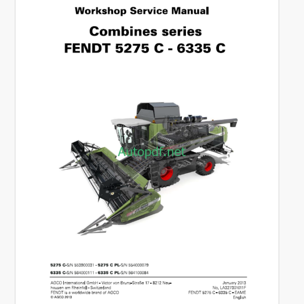 Fendt 5275C - 6335C Combines Harvesting Workshop Service Manual (327301011F)