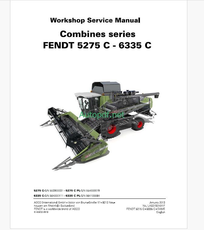 Fendt 5275C - 6335C Combines Harvesting Workshop Service Manual (327301011F)