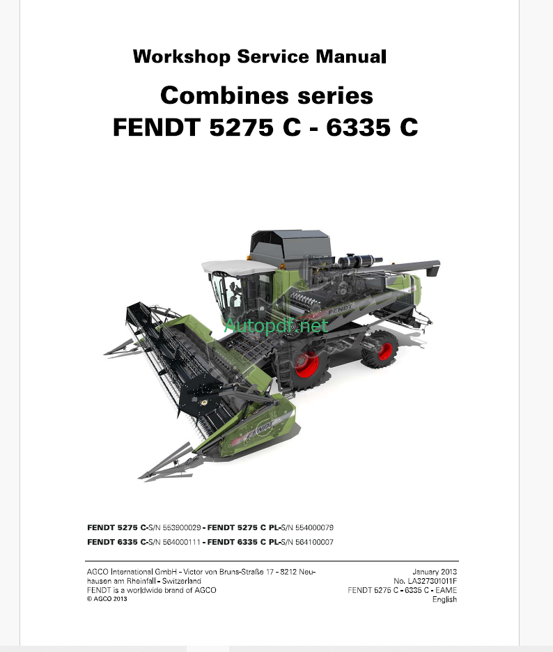 Fendt 5275C - 6335C Combines Harvesting Workshop Service Manual