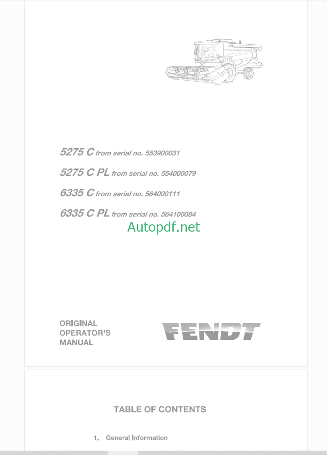 Fendt 5275C, 5275C PL, 6335C, 6335C PL Combines Harvesting Operator's Manual (L273172F)