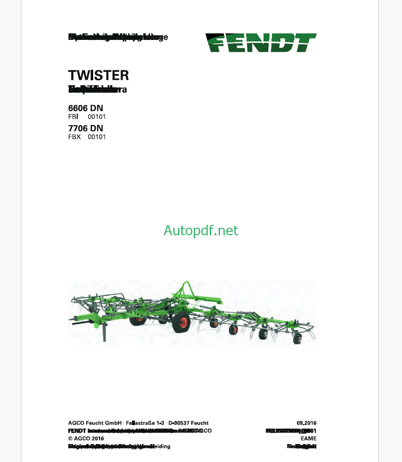 Fendt 6606 DN Twister Tedder Operator's Manual