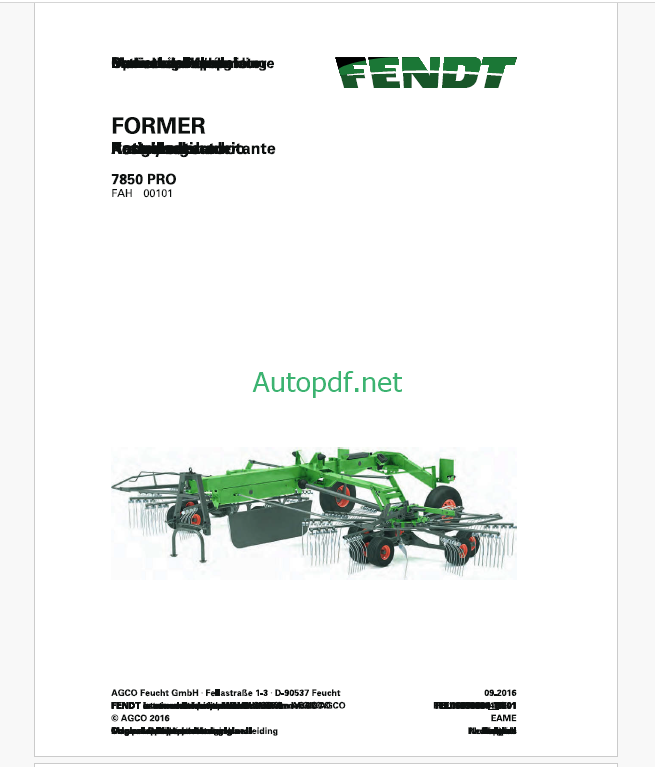 Fendt 7850 PRO Former Operator's Manual (FEL1685080401)