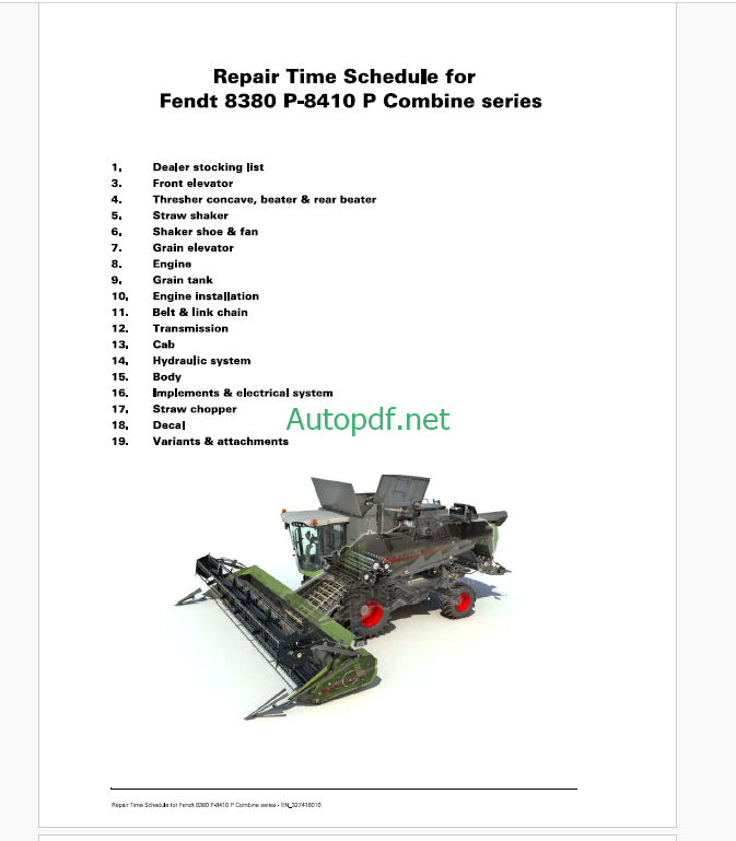 Fendt 8380P - 8410P Combine Series Harvesting Repair Time Schedule