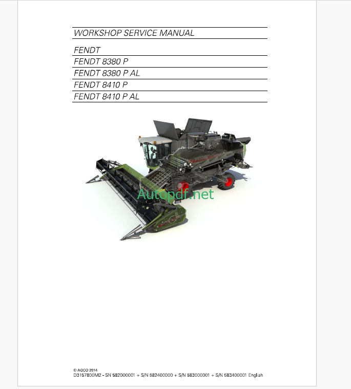 Fendt 8380P, 8380P AL, 8410P, 8410P AL Harvesting Workshop Service Manual (D3157800M2)