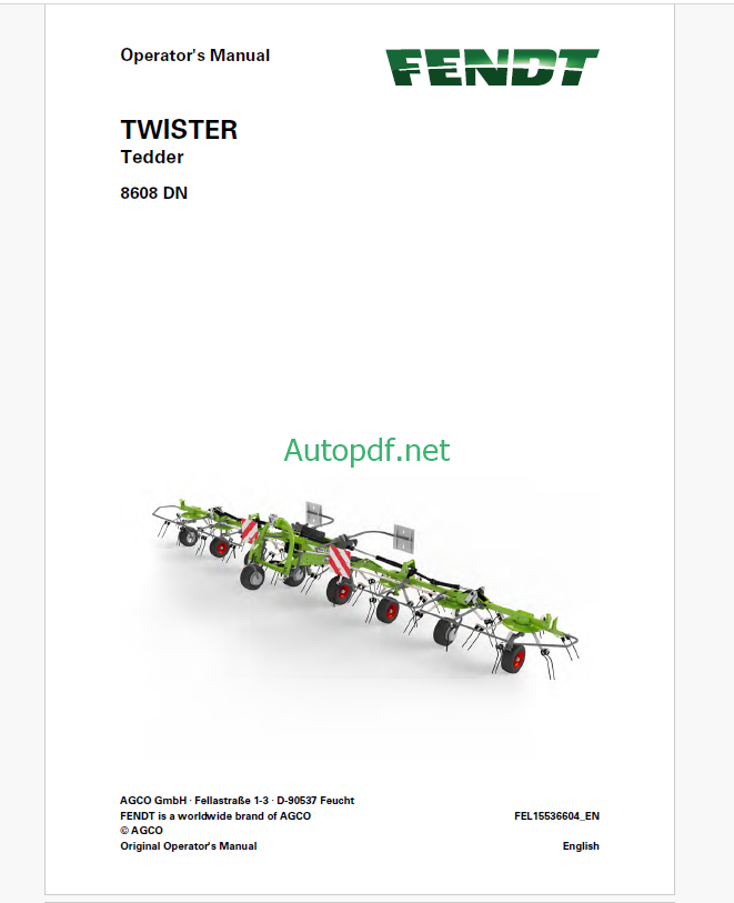 Fendt 8608 Twister Tedder Operator's Manual