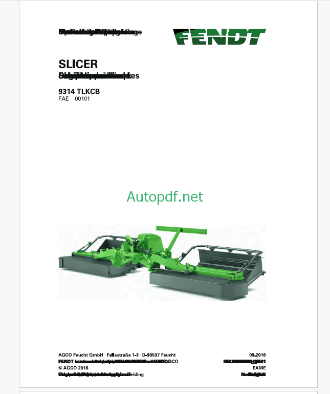 Fendt 9314 TLKCB Slicer Operator's Manual (FEL1394550401)
