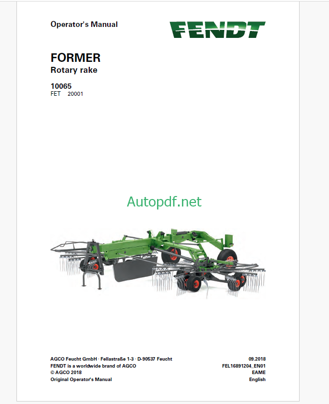 Fendt 10065 Former Rotary Rake Operator's Manual