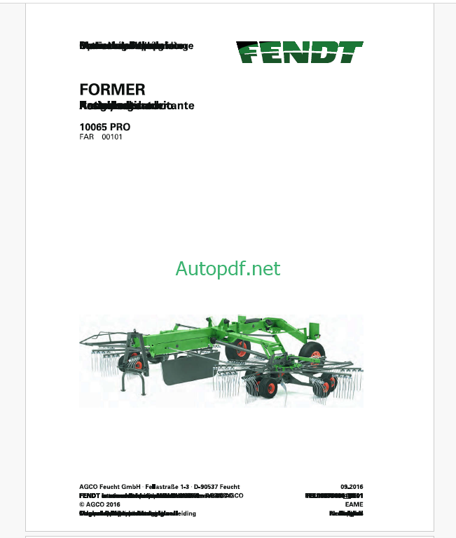 Fendt 10065 PRO Former Operator's Manual (FEL1687640401)