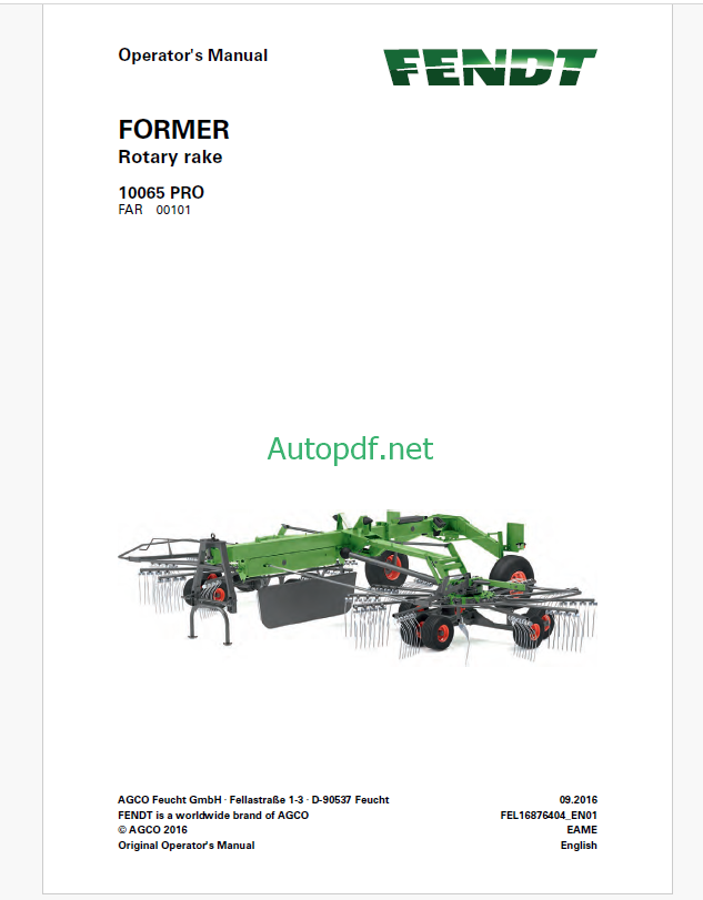 Fendt 10065 Pro Former Rotary Rake Operator's Manual