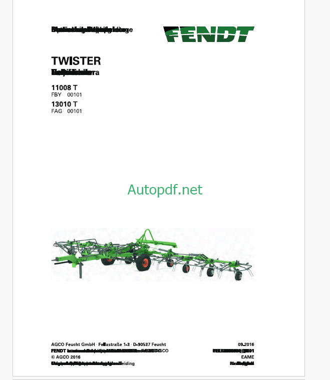 Fendt 11008 T, 13010 T Twister Operator's Manual (FEL1289060401)