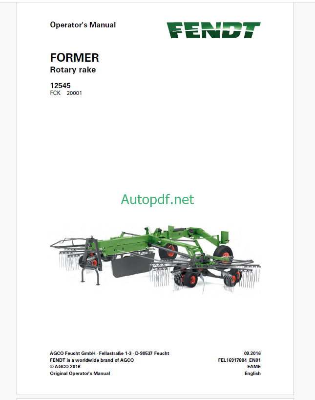 Fendt 11008 T, 13010 T Twister Operator's Manual (FEL1289060401)