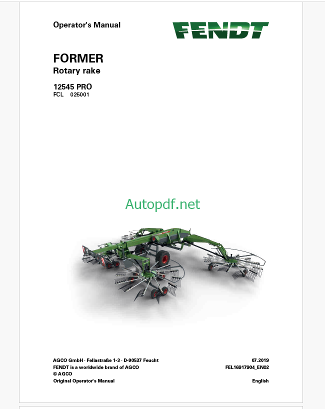 Fendt 12545 PRO Former Rotary Rake Operator's Manual
