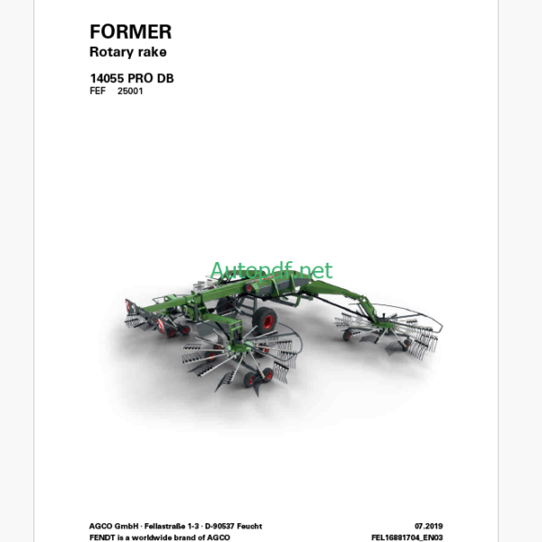Fendt 14055 PRO DB Former Rotary Rake Operator's Manual