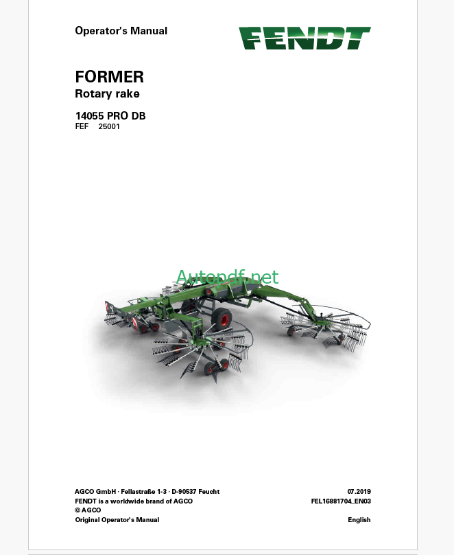 Fendt 14055 PRO DB Former Rotary Rake Operator's Manual