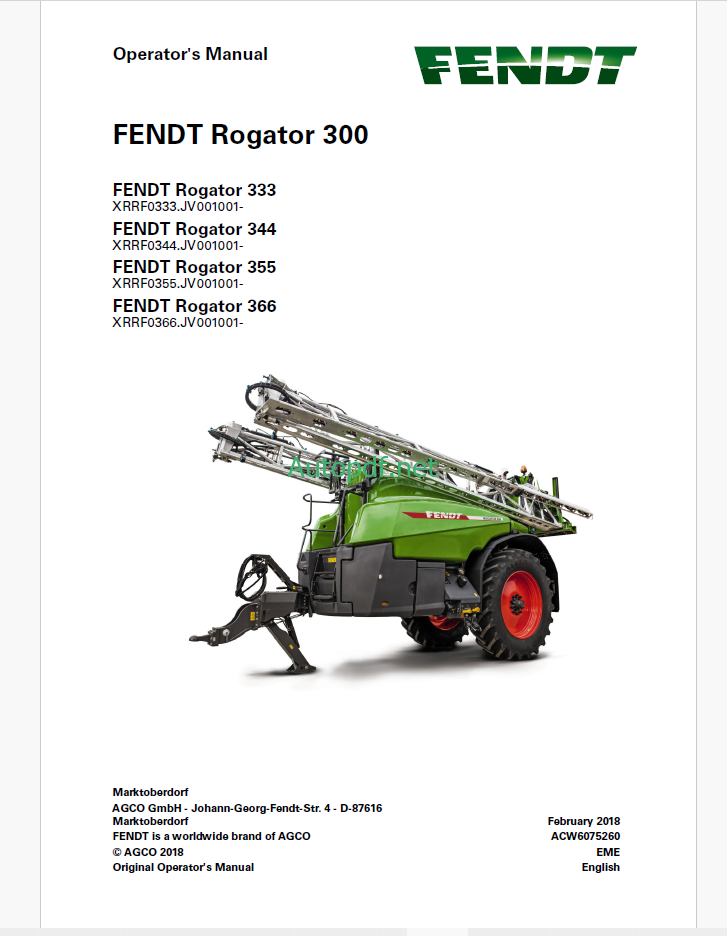 Fendt Rogator 300, 333, 344, 355, 366 Operator's Manual
