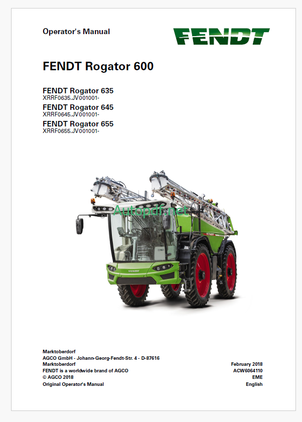 Fendt Rogator 600, 635, 645, 655 Operator's Manual