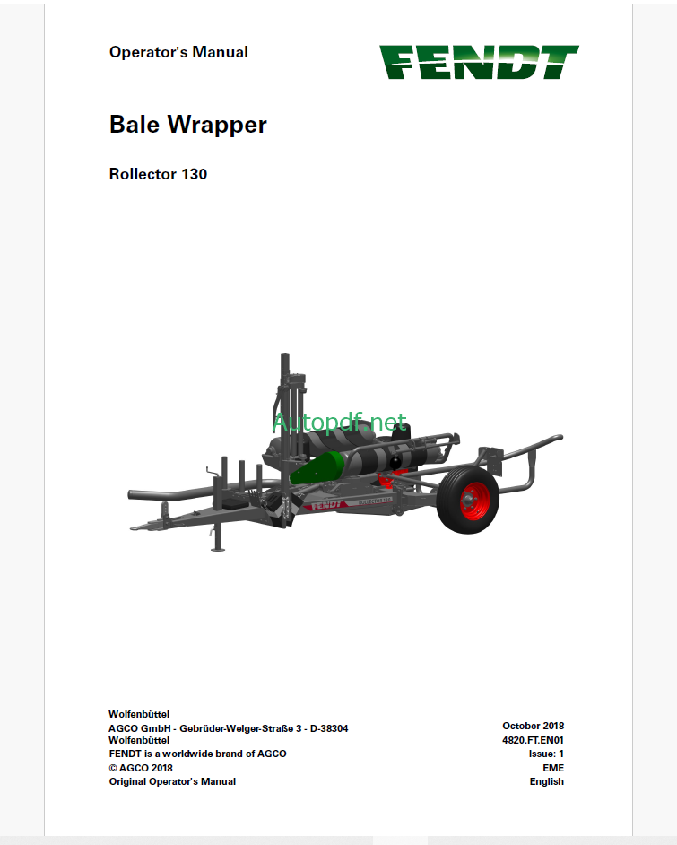 Fendt Rollector 130 Bale Wrapper Operator's Manual