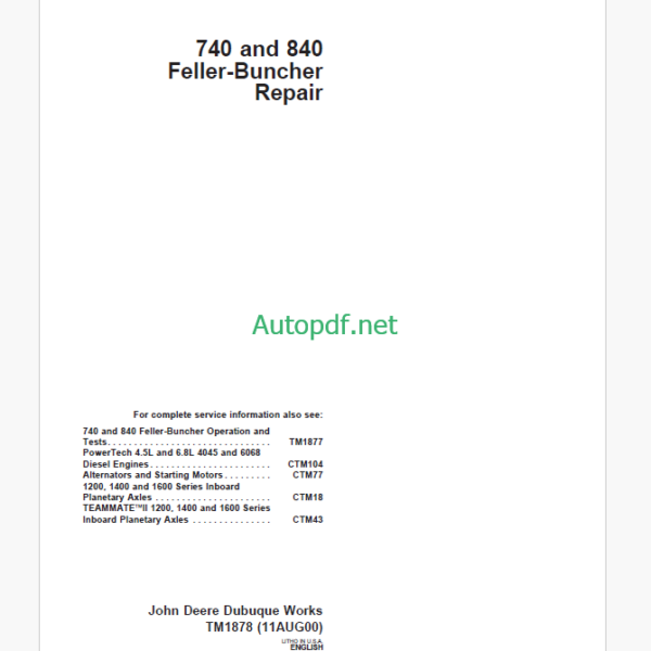 John Deere 740 and 840 Feller-Buncher Repair Technical Manual