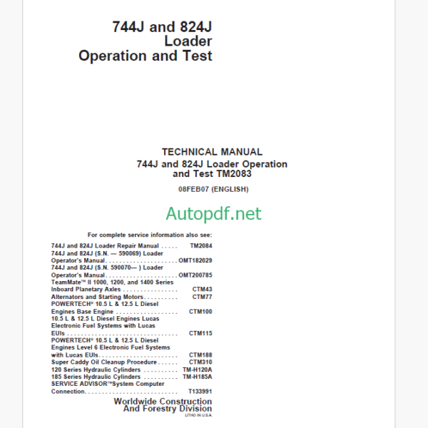 John Deere 744J and 824J Loader Operation and Test Technical Manual