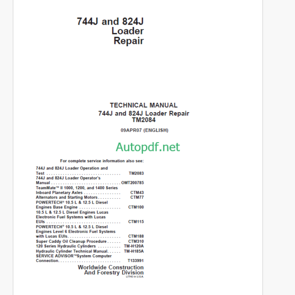 John Deere 744J and 824J Loader Operation and Test Technical Manual