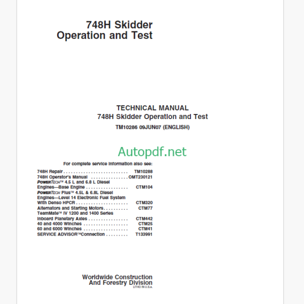 John Deere 748H Skidder Operation and Test Technical Manual