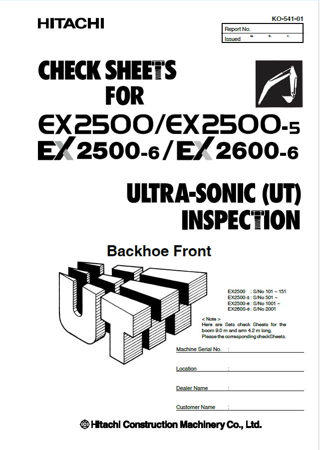 EX2500, EX2500-5, EX2500-6 ULTRA-SONIC (UT) INSPECTION CHECK SHEETS Backhoe Front
