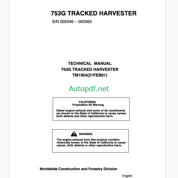 John Deere 753G Tracked Harvester Technical Manual (TM1954)