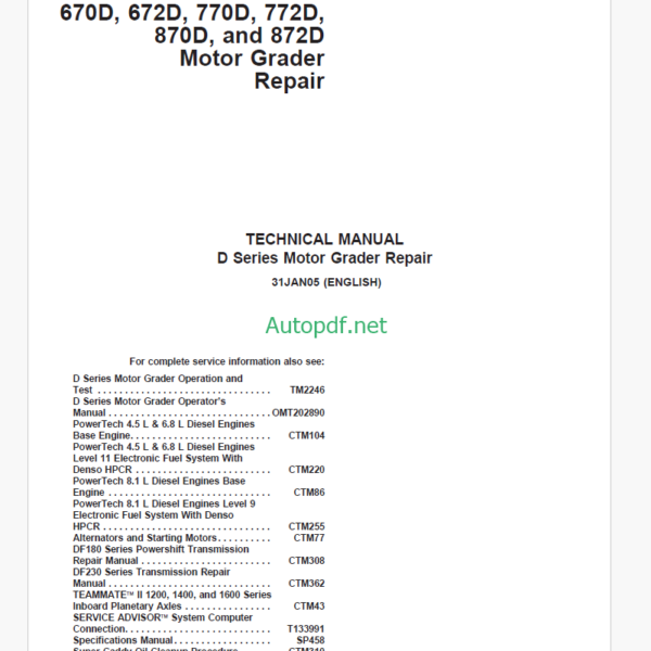 John Deere 670D, 672D, 770D, 772D, 870D, and 872D Motor Grader Repair Technical Manual