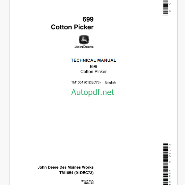 John Deere 699 Cotton Picker Technical Manual (TM1054)