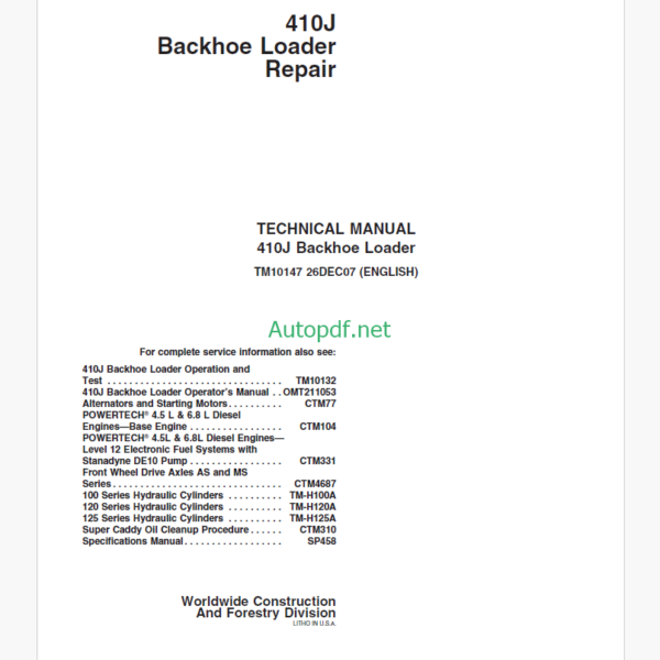 John Deere 410J Backhoe Loader Repair Technical Manual (TM10147)