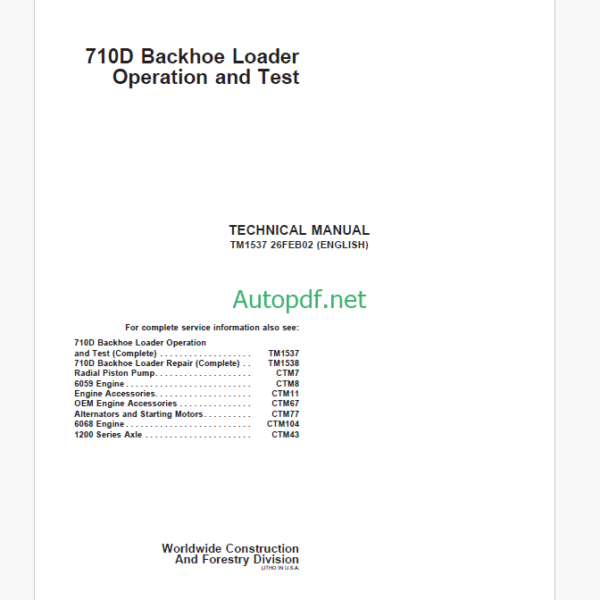 John Deere 710D Backhoe Loader Operation and Test Technical Manual