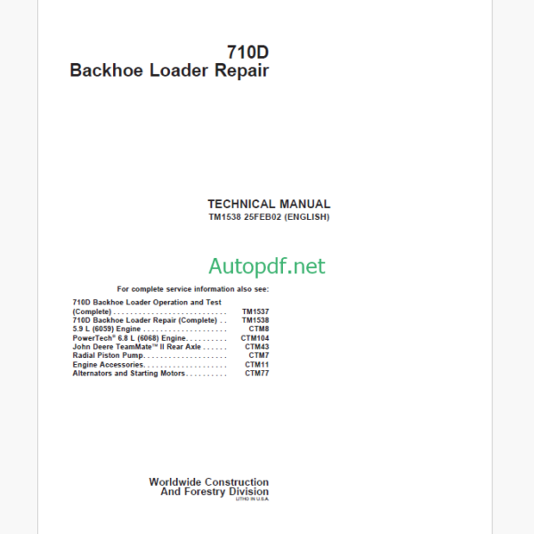 John Deere 710D Backhoe Loader Repair Technical Manual