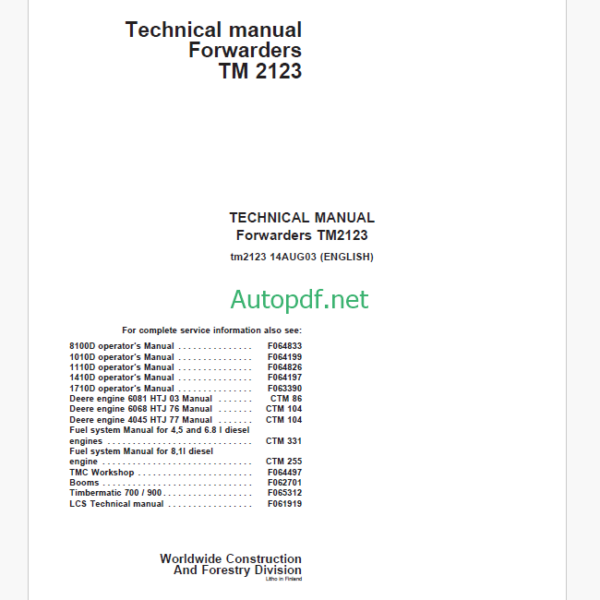 Timberjack TM 2123 Forwarders Technical Manual