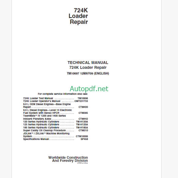 John Deere 724K Loader Repair Technical Manual (TM10697)